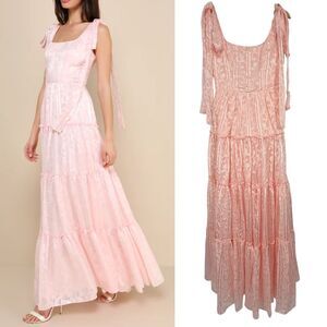 Lulus Blush Pink Jacquard Maxi Dress S Picturesque Allure Fairy Whimsical Ren